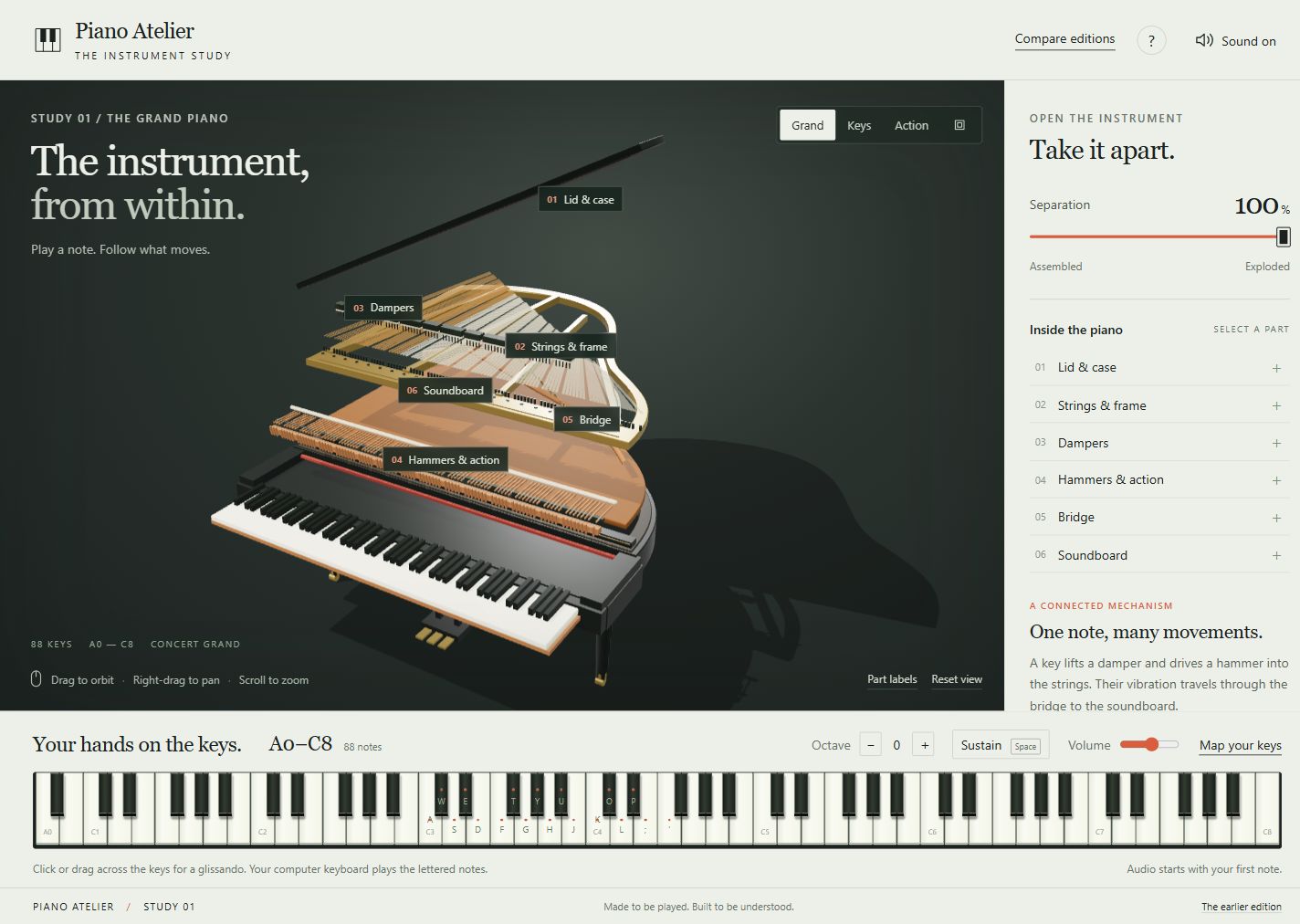 Piano Atelier: the new 3D grand piano on a dark stage with its anatomy inspector and full playable keyboard.
