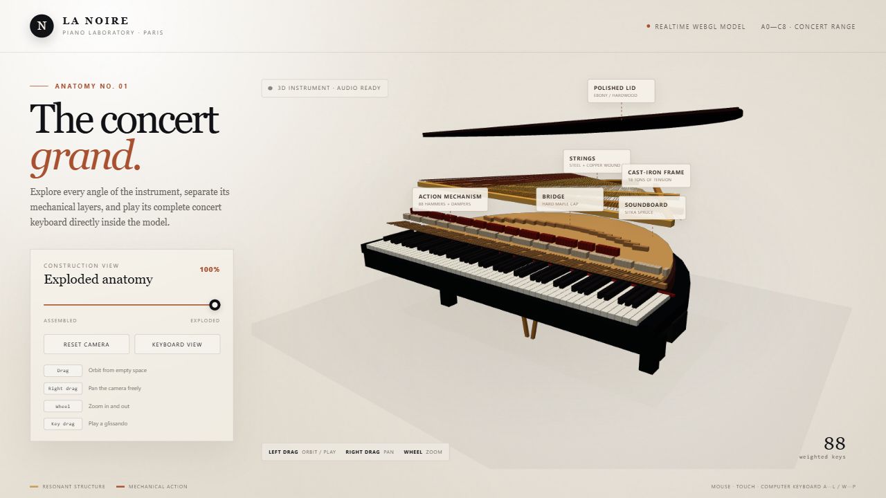 The earlier La Noire viewer with its ivory background, left controls, and exploded grand piano.